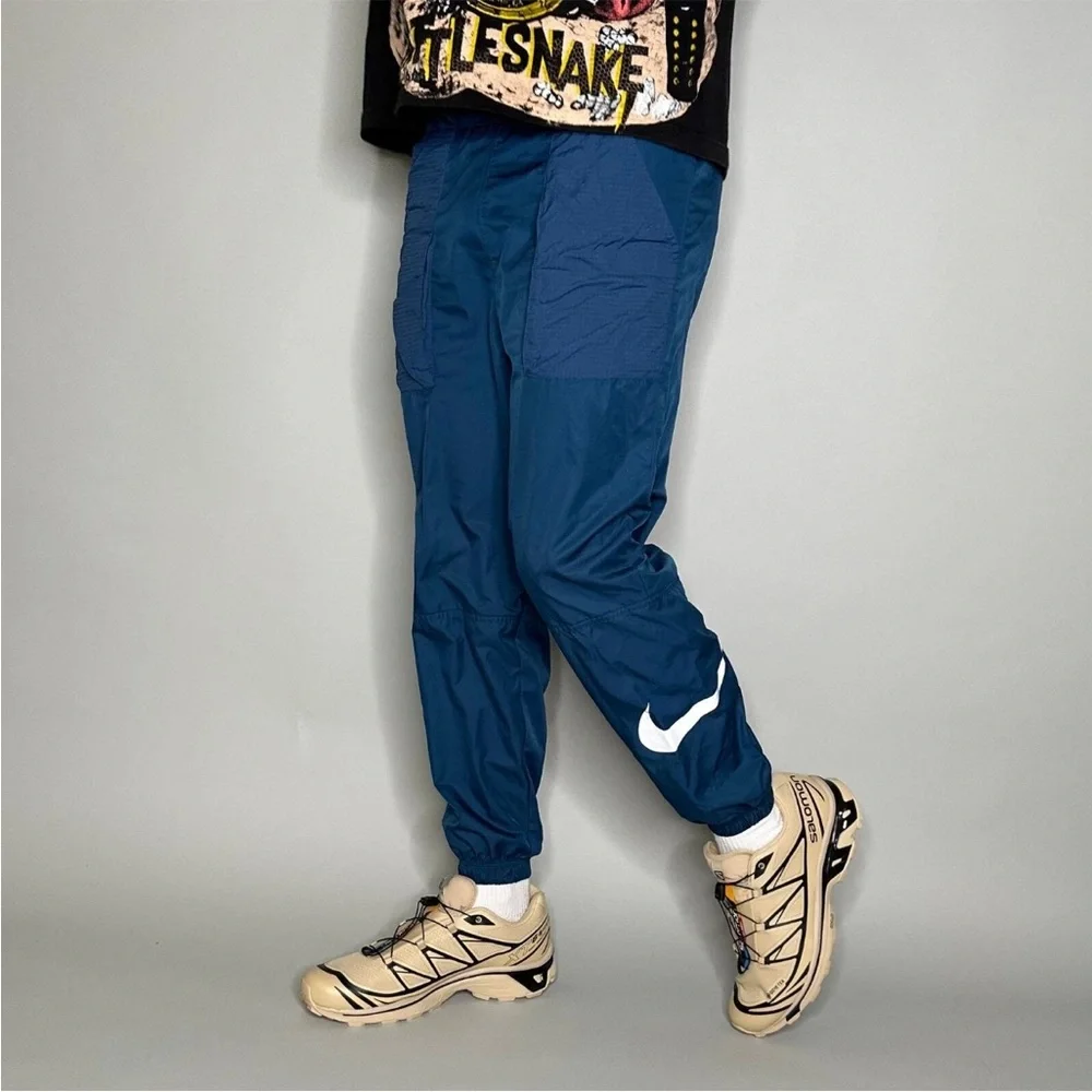 Nike Track Pants Teal Blue Polyester Joggers White Swoosh Elastic Cuffs
